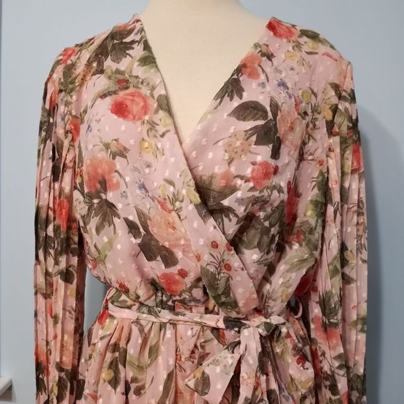 Boohoo Floral Print Belted Skater Dress Pleated Sleeve Size 12 Pink NWT - Picture 7 of 13
